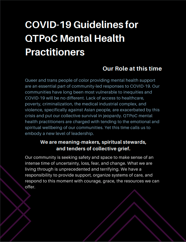 COVID-19 Guidelines for QTPoC Mental Health Practitioners